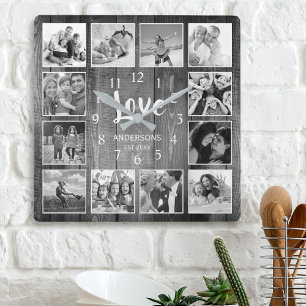 Custom Photo Collage Rustic Farmhouse Love Family Square Wall Clock
