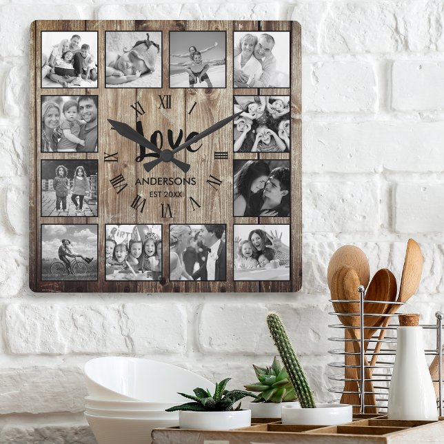 Custom Photo Collage Rustic Farmhouse Love Family Square Wall Clock (Creator Uploaded)