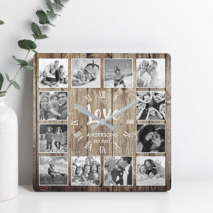 Custom Photo Collage Rustic Farmhouse Love Family Square Wall Clock