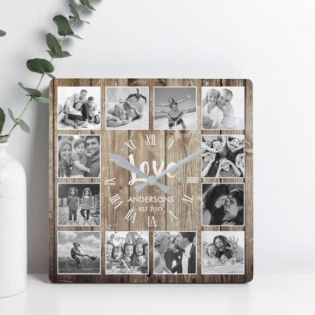 Custom Photo Collage Rustic Farmhouse Love Family Square Wall Clock (Creator Uploaded)