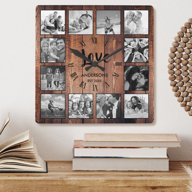 Custom Photo Collage Rustic Farmhouse Love Family Square Wall Clock (Creator Uploaded)