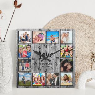 Custom Photo Collage Rustic Farmhouse Love Family Square Wall Clock