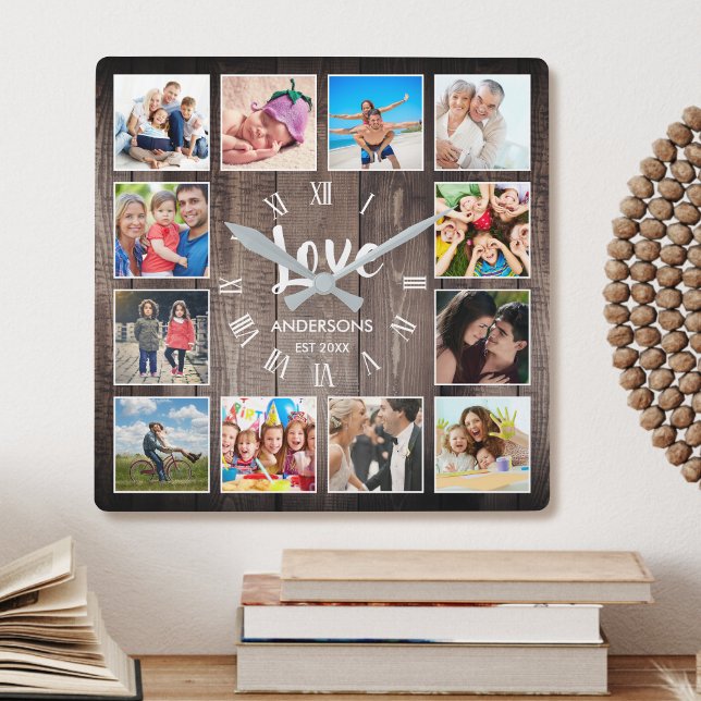 Custom Photo Collage Rustic Farmhouse Love Family Square Wall Clock (Creator Uploaded)