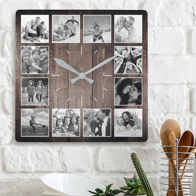 Custom Photo Collage Rustic Farmhouse Script Square Wall Clock (Creator Uploaded)