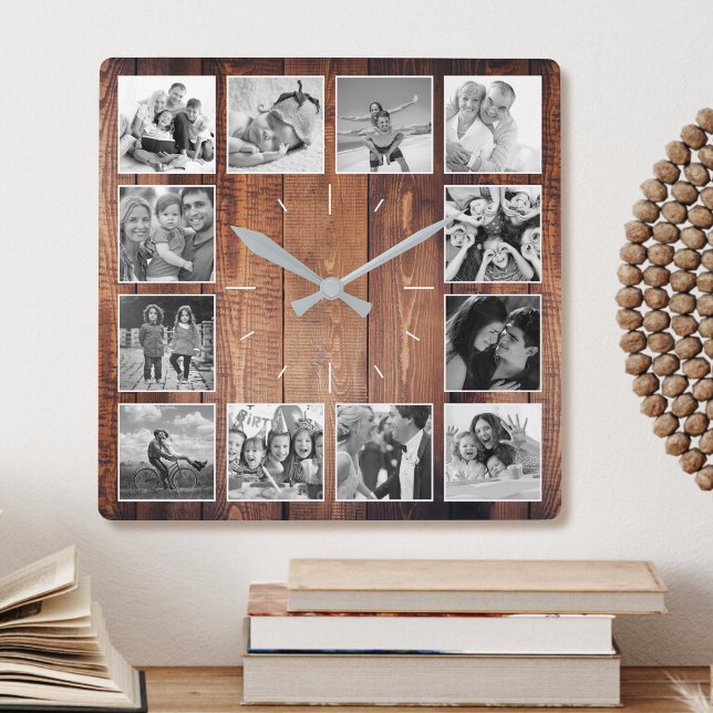 Custom Photo Collage Rustic Farmhouse Script Square Wall Clock (Creator Uploaded)