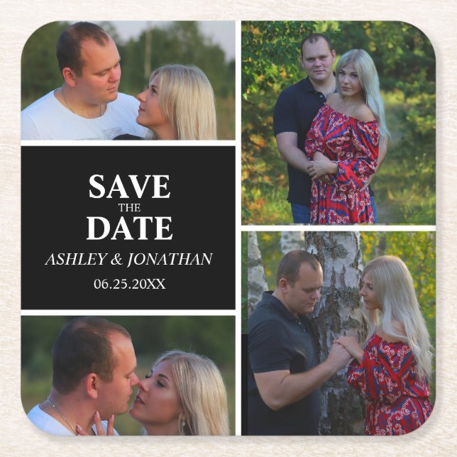 Custom Photo Collage Save The Date Square Paper Coaster (Front)