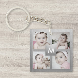 Custom Photo Collage Silver Monogram 4 Images Key Ring