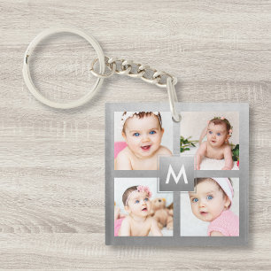 Custom Photo Collage Silver Monogram Baby Family Key Ring