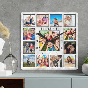 Custom Photo Collage Stylish Marble Family Baby Square Wall Clock