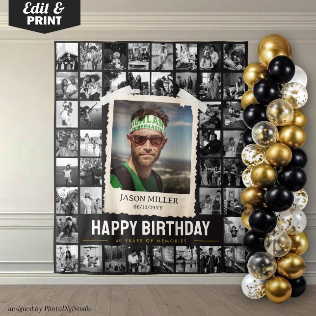 Custom Photo Collage Tapestry, Fun Retro Birthday  Tapestry (Custom Photo Collage Tapestry, Fun Retro Birthday Tapestry)