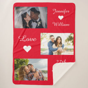 Custom Photo Collage Wedding Date Love Red Sherpa Blanket