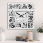 Custom Photo Collage White Elegant Wood Family Square Wall Clock<br><div class="desc">Easily personalise this white wooden plank elegant style wall clock with your custom photos. The template uses a black and white photo filter to create a more coordinated look. For best results,  crop the images to square - with the focus point in the centre - before uploading.</div>