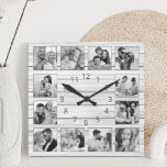 Custom Photo Collage White Elegant Wood Family Square Wall Clock<br><div class="desc">Easily personalise this white wooden plank elegant style wall clock with your custom photos. The template uses a black and white photo filter to create a more coordinated look. For best results,  crop the images to square - with the focus point in the centre - before uploading.</div>