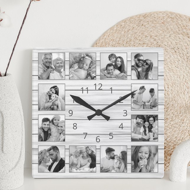 Custom Photo Collage White Elegant Wood Family Square Wall Clock (Creator Uploaded)