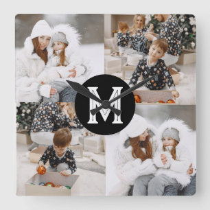 Custom Photo Collage with Monogram Square Wall Clock