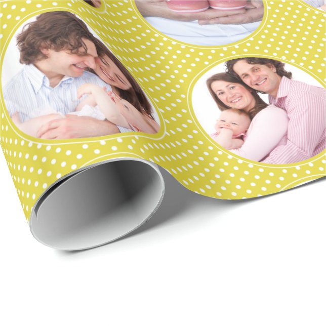 Custom Photo Collage Yellow Polka Dot Wrapping Paper (Roll Corner)