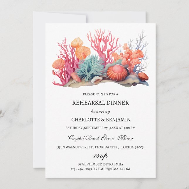 Custom Photo & Coral Reef Beach  Rehearsal Dinner  Invitation (Front)