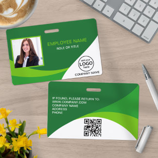 Custom Photo Corporate Employee Name QR Code Green ID Badge
