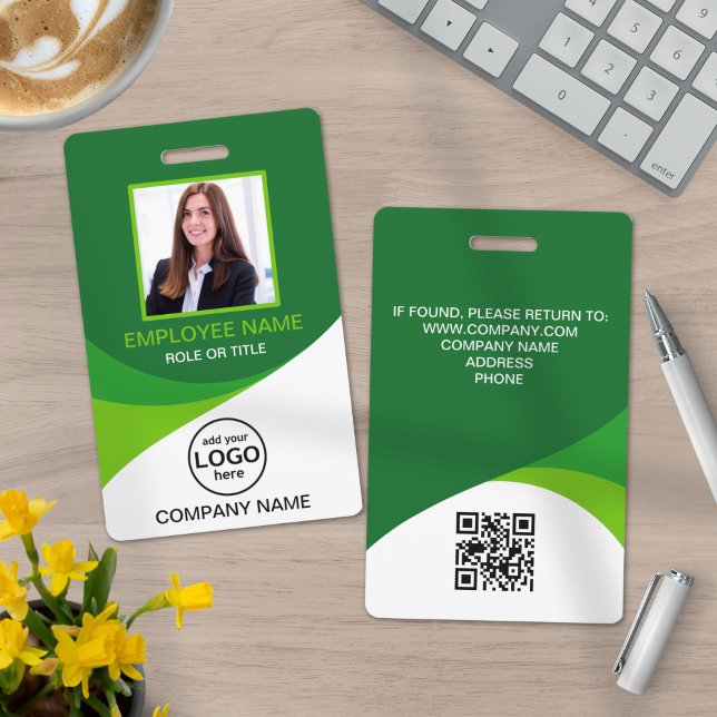 Custom Photo Corporate Employee QR Code Green ID Badge (Creator Uploaded)