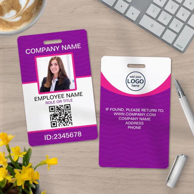 Code Role Id Badges Custom Photo Corporate Employee QR Code Purple ID Badge | Zazzle