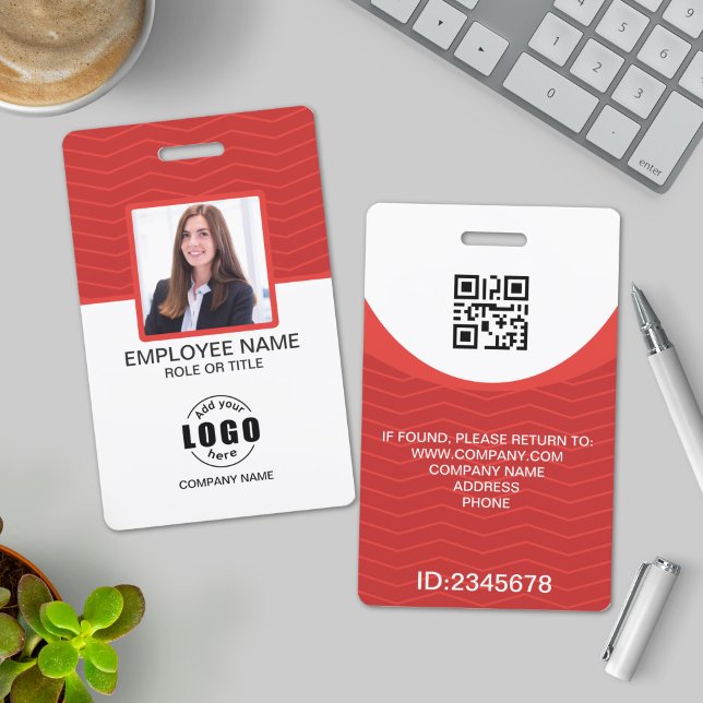 Custom Photo Corporate Employee QR Code Red ID Badge (Creator Uploaded)