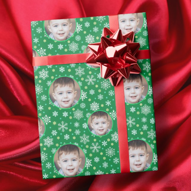 Custom Photo Custom Logo Snowflake Green Festive Wrapping Paper (Creator Uploaded)