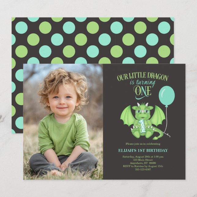 Custom Photo Cute Dragon 1st Birthday Invitation (Front/Back)