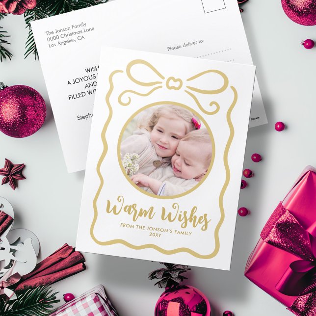 Custom Photo Cute Hand Drawn Gold Ribbon White Holiday Postcard (Creator Uploaded)