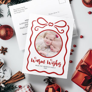 Custom Photo Cute Hand Drawn Red Ribbon White Holiday Postcard