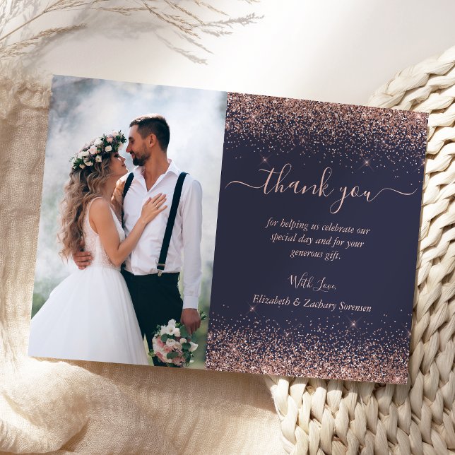 Custom Photo Dark Blue Rose Gold Glitter Wedding Thank You Card (Creator Uploaded)