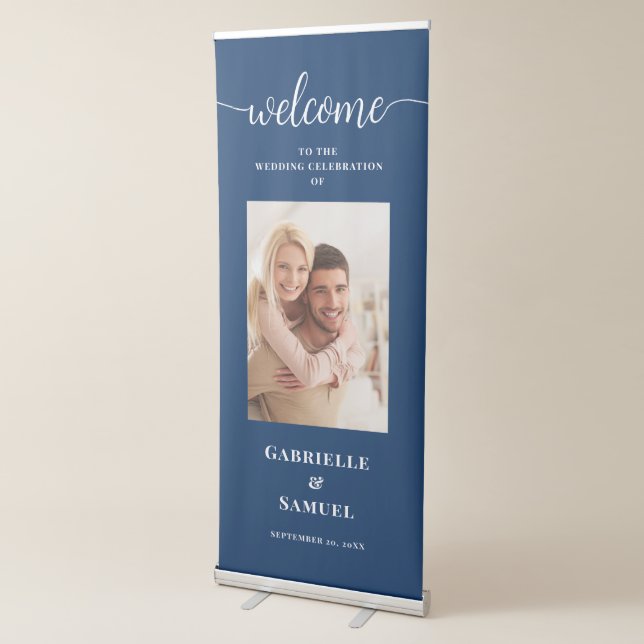 Custom Photo Dark Blue Simple Wedding Welcome Retractable Banner (3/4)