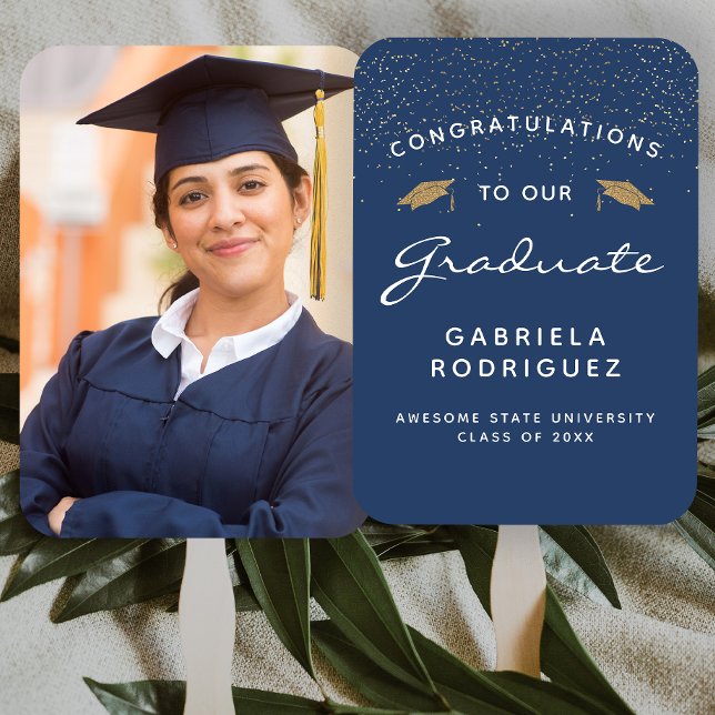 Custom Photo Dark Blue White Gold Graduation Hand Fan (Creator Uploaded)