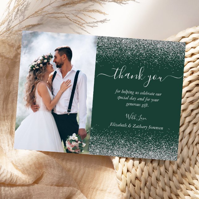 Custom Photo Dark Green Silver Glitter Wedding Thank You Card (Creator Uploaded)