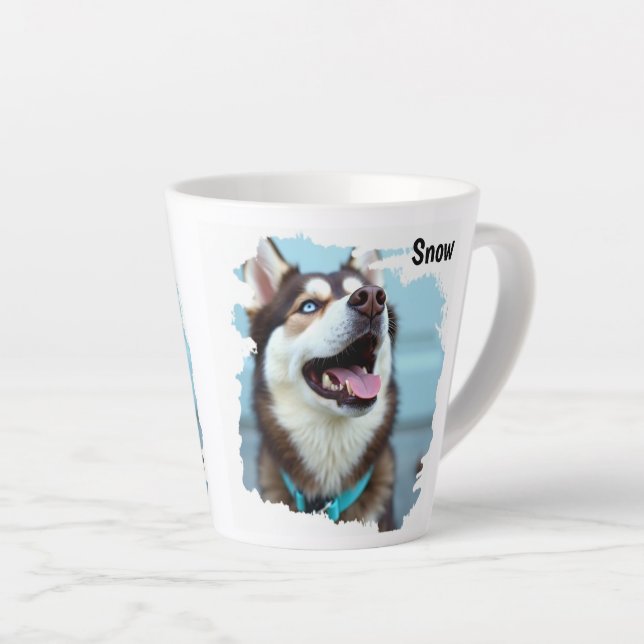 Custom Photo Dog Husky Name Blue Latte Mug (Right Angle)