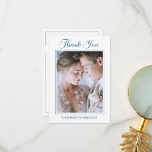 Custom Photo Dusty Blue Floral Wedding Calligraphy Thank You Card