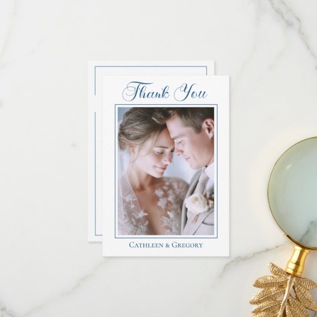 Custom Photo Dusty Blue Floral Wedding Calligraphy Thank You Card (Front/Back In Situ)