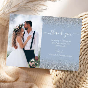 Custom Photo Dusty Blue Silver Glitter Wedding Thank You Card