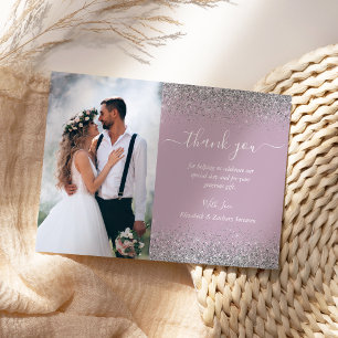 Custom Photo Dusty Lilac Silver Glitter Wedding Thank You Card