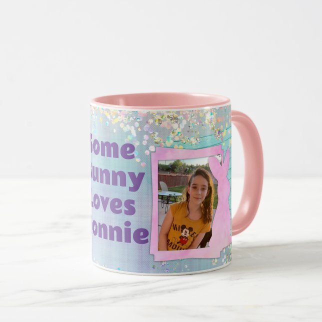 Custom Photo Easter Bunny Purple Plaid Mug (Front Right)