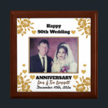 Custom Photo Elegant "50th Wedding Anniversary"   Gift Box<br><div class="desc">Personalise this cute, elegant gold glitter "Happy 50th Wedding Anniversary" Large Size Golden Oak Wooden Jewellery Keepsake Box design. You can easily change or remove the photo, the names and the text as needed. You can also change the font model, font colour and font size if you want. Click -->"Personalise"...</div>