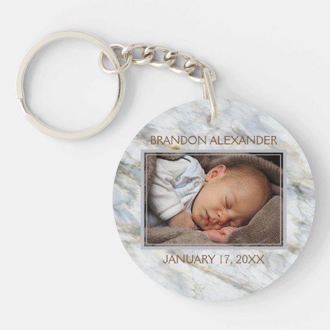 Custom Photo Elegant Blue Grey Marble Pattern 2025 Key Ring (Front)