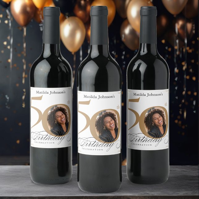 Custom Photo Elegant Gold 50th Birthday Party Wine Label (Custom Photo Elegant Gold 50th Birthday Party Wine Label)