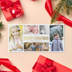 Custom Photo Elegant Gold 5 Collage Photocard Holiday Card