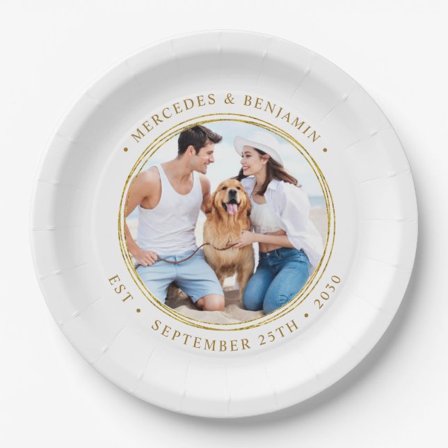Custom Photo Elegant Gold Personalised Wedding Paper Plate (Front)