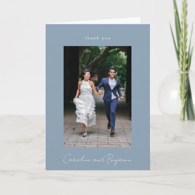 Custom Photo Elegant Minimalist Wedding Dusty Blue Thank You Card (Front)