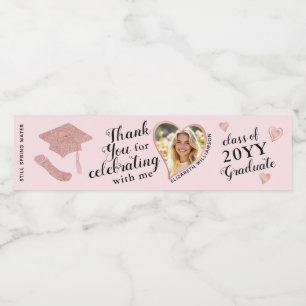 Custom Photo Elegant Pink Graduation Thank You Water Bottle Label