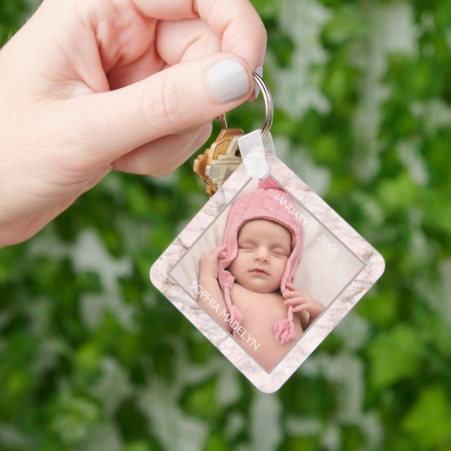 Custom Photo Elegant Pink Grey Marble Pattern 2025 Key Ring (Hand)