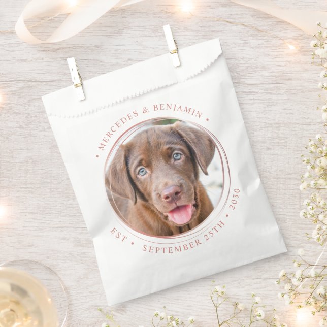 Custom Photo Elegant Rose Gold Personalise Wedding Favour Bags (Clipped)