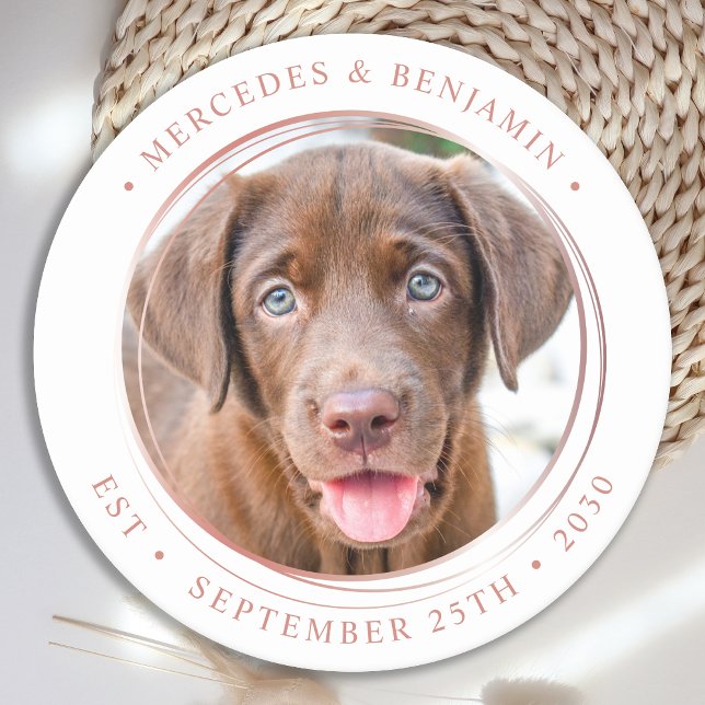 Custom Photo Elegant Rose Gold Personalise Wedding Round Paper Coaster (Creator Uploaded)