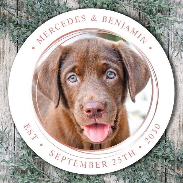Custom Photo Elegant Rose Gold Wedding Classic Round Sticker (Creator Uploaded)